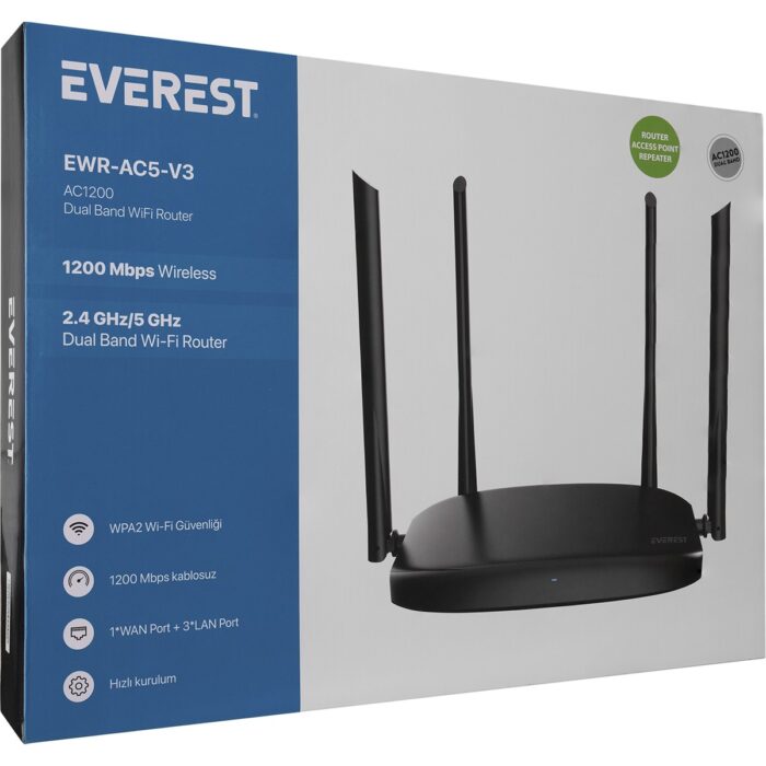 Everest Ewr-Ac5-V3 AC1200MBPS Dualband 4*6dbi Anten Wısp+Ap+Repeater Destekli Kablosuz Wifi Router - Görsel 5
