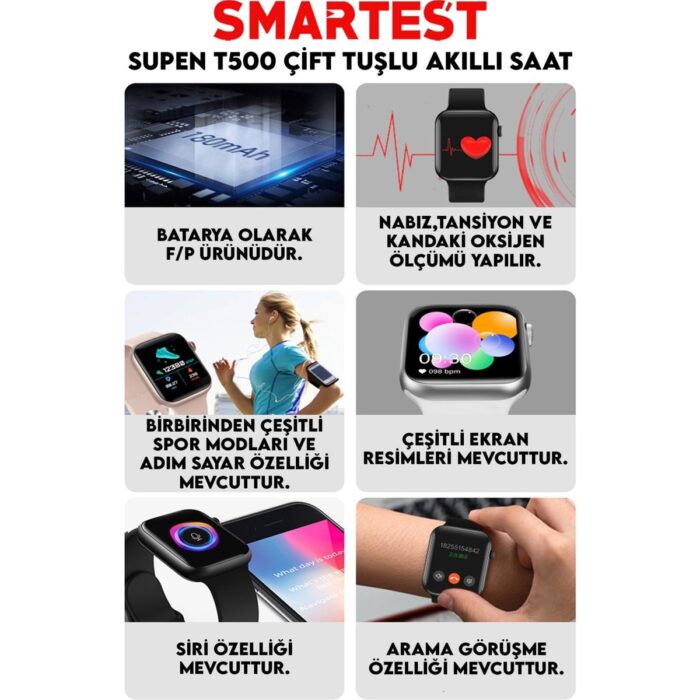 Pazariz Supen Son Sürüm T500 Çift Tuş Akıllı Saat Ios Andorid Destekli Arama Özelliği Sensörlü - Görsel 3