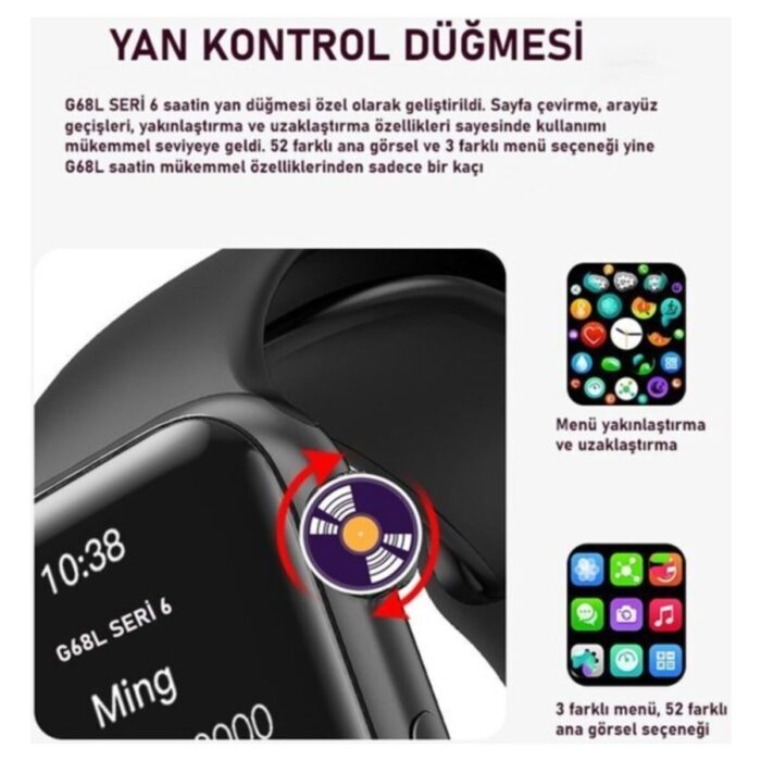 Pazariz G68L  6s Akıllı Saat Yan Tuşlar Aktif Uygulama – Çift Kordon Mavi - Görsel 4