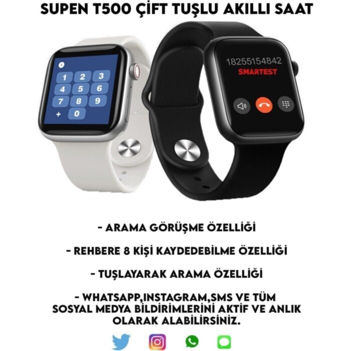 Pazariz T500 Çift Tuş Akıllı Saat Ios Andorid Destekli Arama Özelliği Sensörlü - Görsel 2