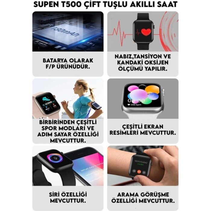 Pazariz T500 Çift Tuş Akıllı Saat Ios Andorid Destekli Arama Özelliği Sensörlü - Görsel 3