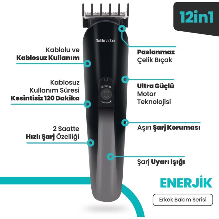 Goldmaster Enerjik Kablolu Kablosuz Hızlı Şarj Paslanmaz Çelik Standlı 12 In 1 Erkek Bakım Seti  GM-9112 - Görsel 4