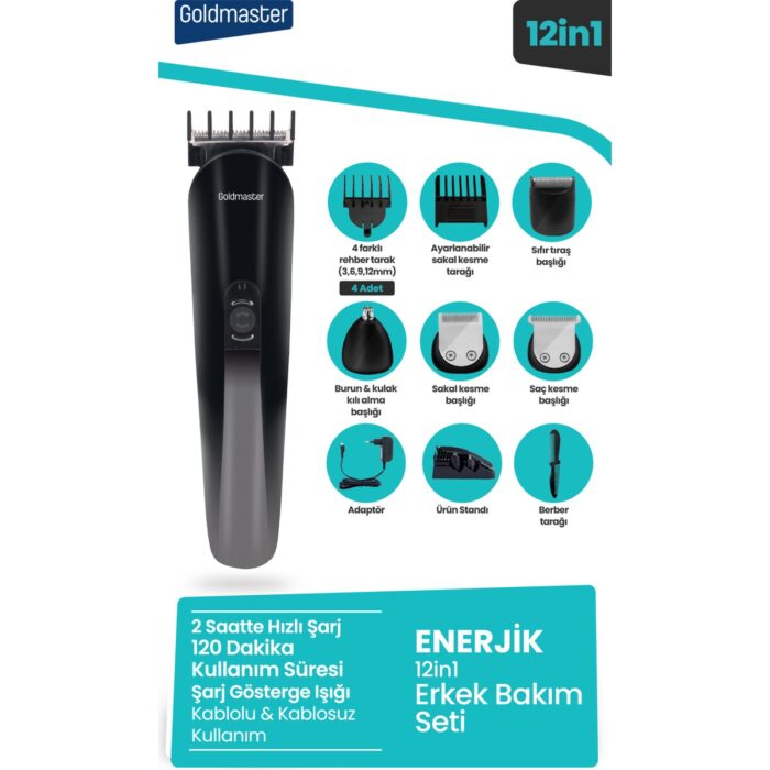 Goldmaster Enerjik Kablolu Kablosuz Hızlı Şarj Paslanmaz Çelik Standlı 12 In 1 Erkek Bakım Seti  GM-9112 - Görsel 1