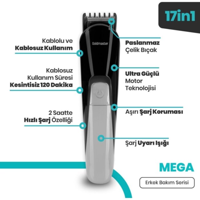 Goldmaster Mega 17 In 1 Erkek Bakım Seti Paslanmaz Çelik Bıçaklı 120 Dk Kablolu Kablosuz Kullanım - Görsel 3