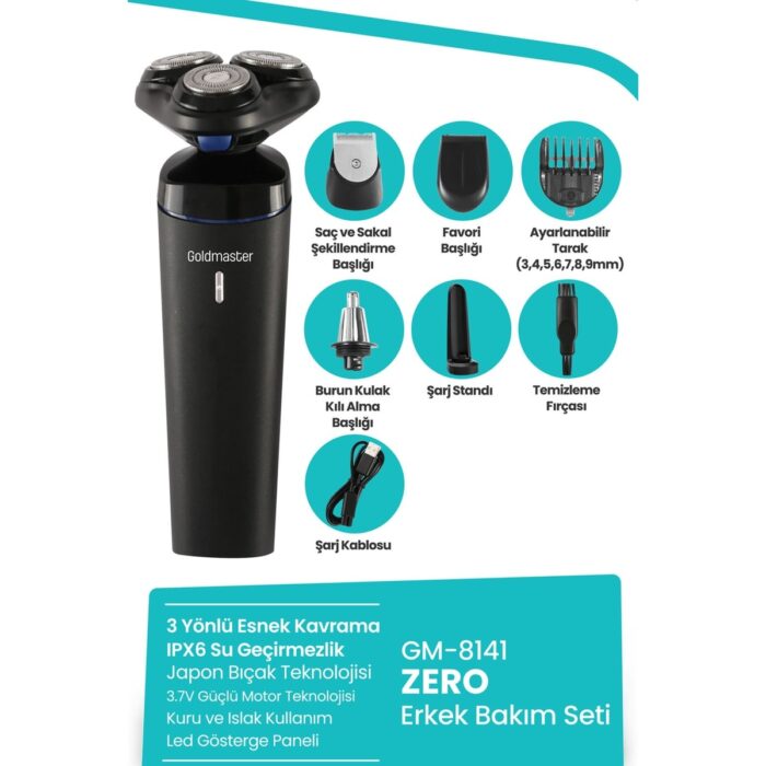 110000290058766.jpg Goldmaster Zero Şarj Standlı Oynar Başlıklı Islak Kuru 5 In 1 Erkek Bakım Seti GM8141 - Görsel 1