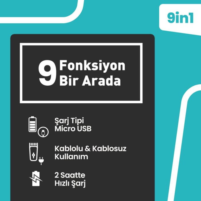 Goldmaster Vip 9'u 1 Arada Erkek Bakım ve Tıraş Seti – Folyo Başlık, Kablosuz, Hızlı Şarj, Saç ve Sakal Kesme, Siyah - Görsel 3