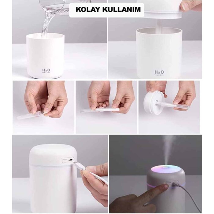 Humidifier Hava Nemlendirici USB Buhar Makinesi Işıklı Oda Araç Aroma Difüzörü H2O - Görsel 4