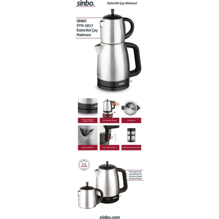 Sinbo STM-5827 Çay Seti 1.7 L Su Isıtıcısı ve 0.7 L Çelik Demlik Inox Renk - Görsel 3