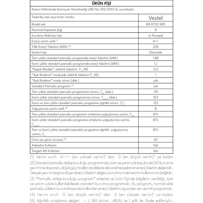 Vestel KM 8702 WIFI 8 kg Kurutma Makinesi - Görsel 3