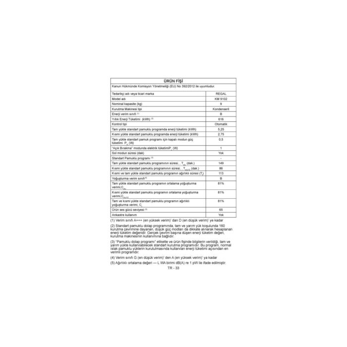 Regal KM 9102 B Enerji Sınıfı 9 kg Kondenserli Kurutma Makinesi - Görsel 3