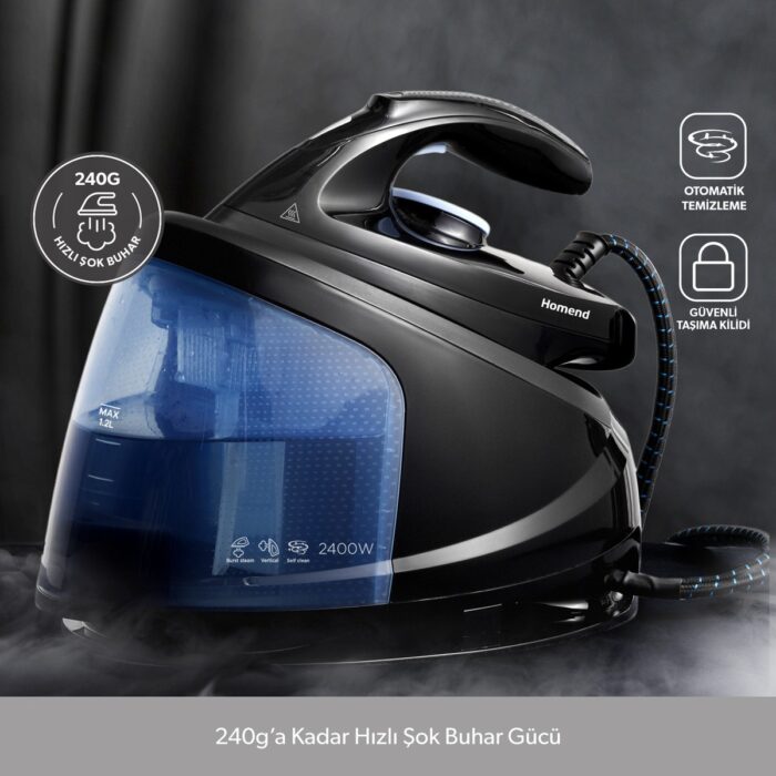 110000529322607.jpg Homend Steamwork Buhar Kazanlı Ütü Siyah Mavi 2400 W - Görsel 1
