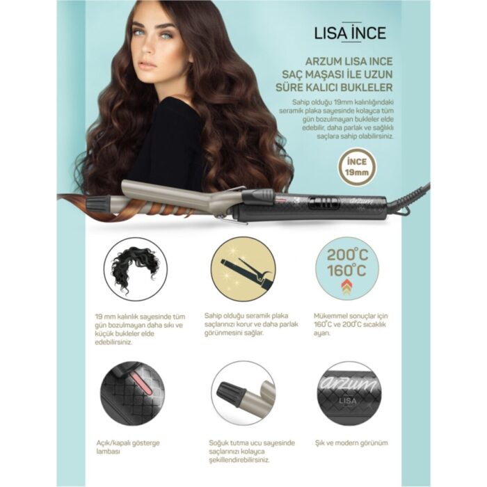 Arzum 19 mm Seramik Kaplama Saç Maşası 200°C – Hızlı Isınan, Düz ve İnce Saçlar İçin Kalıcı ve Doğal Bukleler - Görsel 2