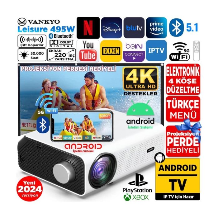 Vankyo Leisure 495W Android 4K Destekli 5g Wi-Fi + Bluetooth LCD LED Projeksiyon Cihazı - 220 Inç Yansıtma -Dolby Audio Hoparlör - Görsel 1