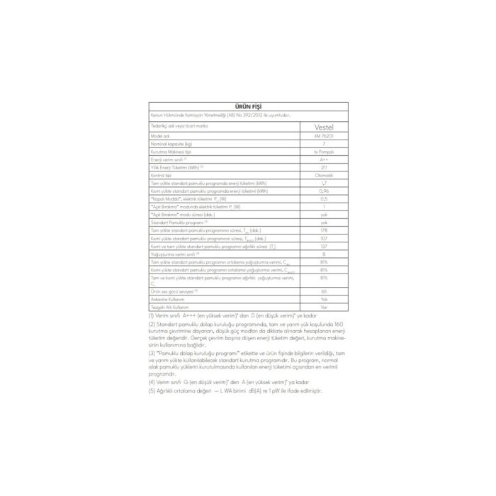 Vestel 7 Kg A++ Isı Pompalı Kurutma Makinesi LED Ekran Çocuk Kilidi Akıllı Nem Sensörü 65 dB - Görsel 3