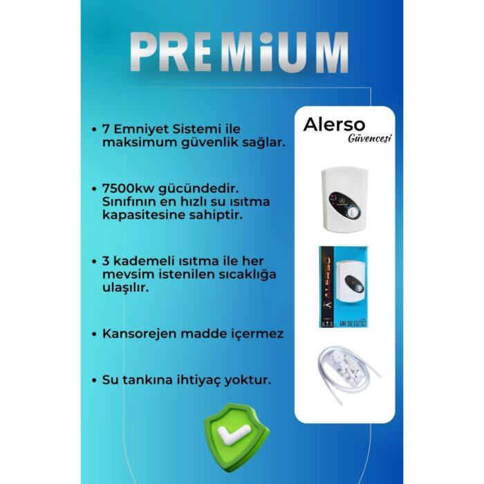 Alerso Premium Elektrikli Banyo Şofbeni 7 Emniyetli Ani Su Isıtıcı 7500W - Görsel 3