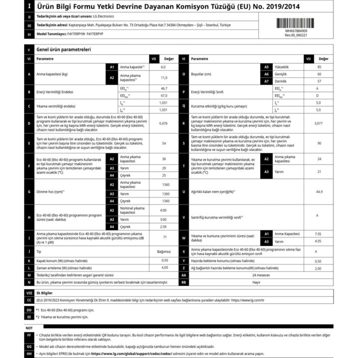 LG F4Y7ERPYW 11 kg Yıkama 6 kg  1400 Devir Kurutma Aı Dd™ Beyaz Renk Kurutmalı Çamaşır Makinesi - Görsel 5