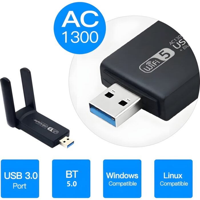 Megamus  Pc Için Çift Anten Bt5.0 Wifi 2'si Bir Arada Çift Bantlı AC1300MBPS Usb3.0 Wifi Adaptörü - Görsel 3