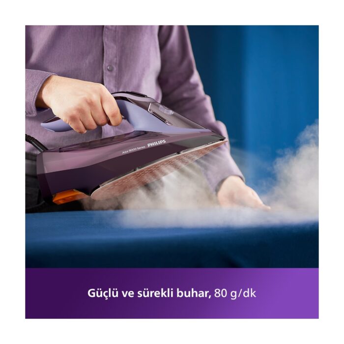 Philips 8000 Serisi Azur Buharlı Ütü, 3000W, SteamGlide Elite Taban, Otomatik Kapanma, 240 g Şok Buhar, Sıfır Yanık Garantisi, DST8021/30   - Görsel 4