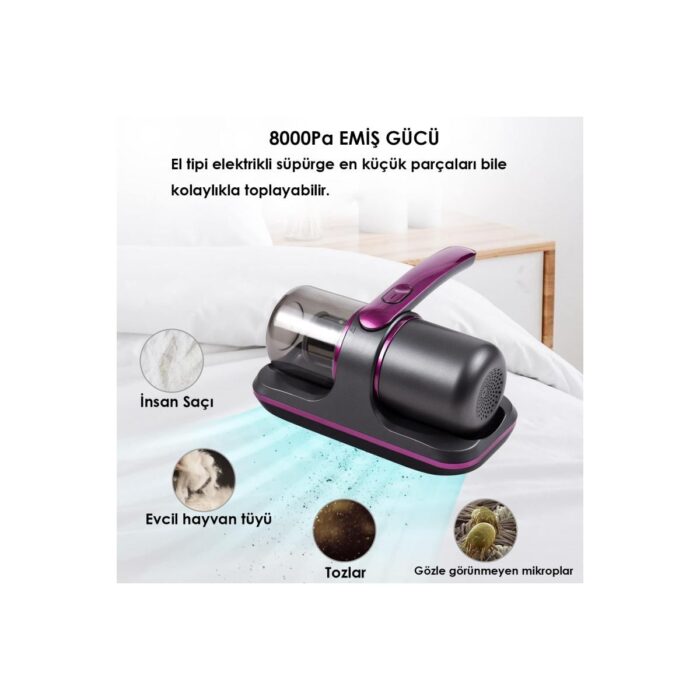 Enshall Şarjlı Mini Uv-C Işınlı El Süpürgesi  Çarşaf Yastık Tüy Temizleme Makinesi 5000-8000PA 100W - Görsel 2