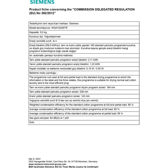 Siemens WQ41G200TR IQ300 9 kg Isı Pompalı Kurutma Makinesi - Görsel 5