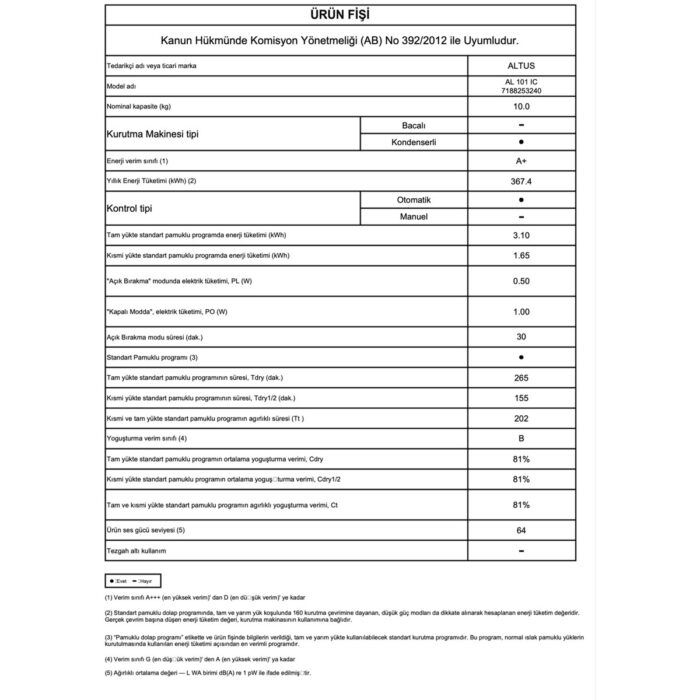 Altus Al 101 Ic 10 kg Çamaşır Kurutma Makinesi - Görsel 3