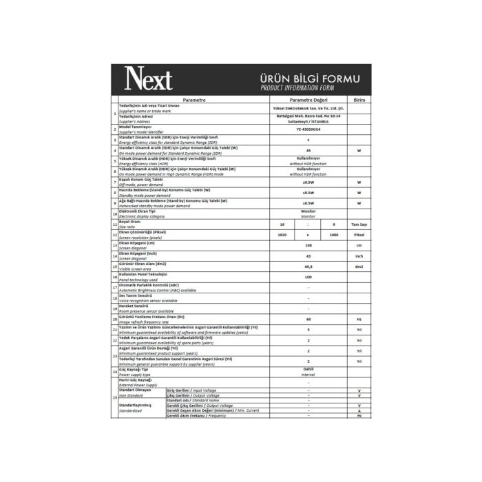 Next YE-43020GG4 43" 109 Ekran Uydu Alıcılı Full HD Smart LED TV - Görsel 5