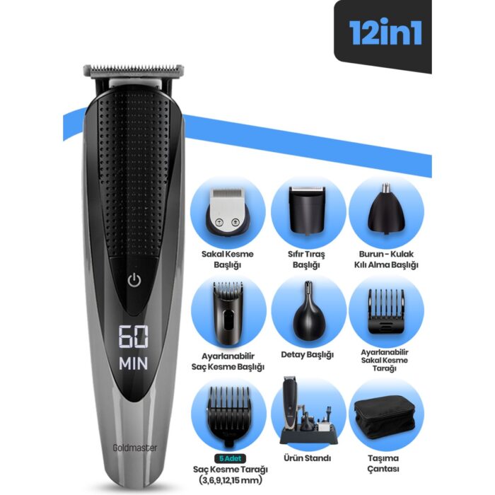 Goldmaster Cool Profesyonel Kablolu Kablosuz Dijital Göstergeli 12IN1 Erkek Bakım Seti Taşıma Çantalı  GM-8154 - Görsel 1