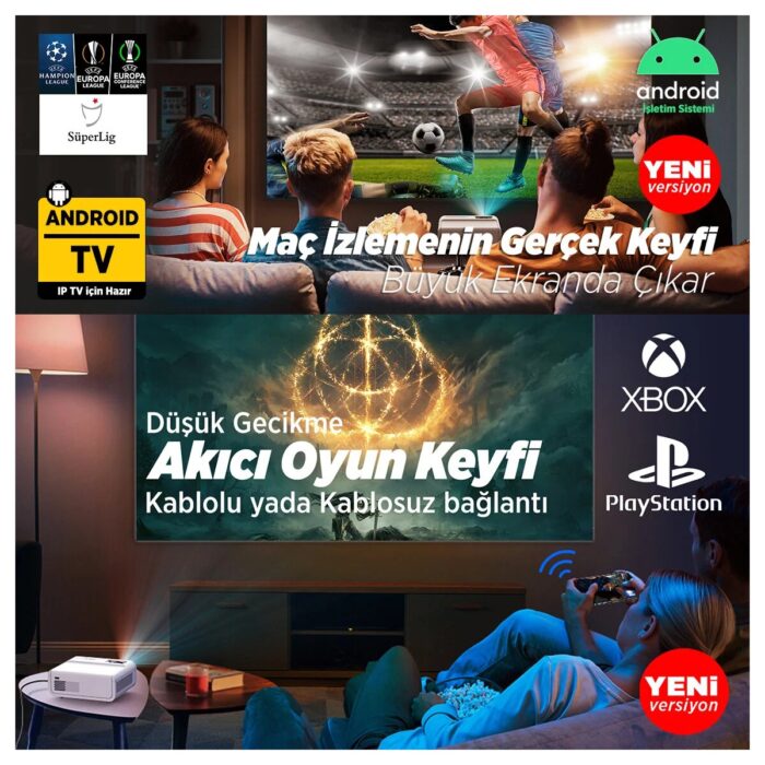 Vankyo Sunspark 500W Android TV 1080P Destekli Projeksiyon Cihazı 5G Wi-Fi + 5.1 Bluetooth - LCD LED - 240 Inç Yansıtma-Dahili Hoparlör-PS5/XBOX/HDMI/USB/VGA/AV - Görsel 2