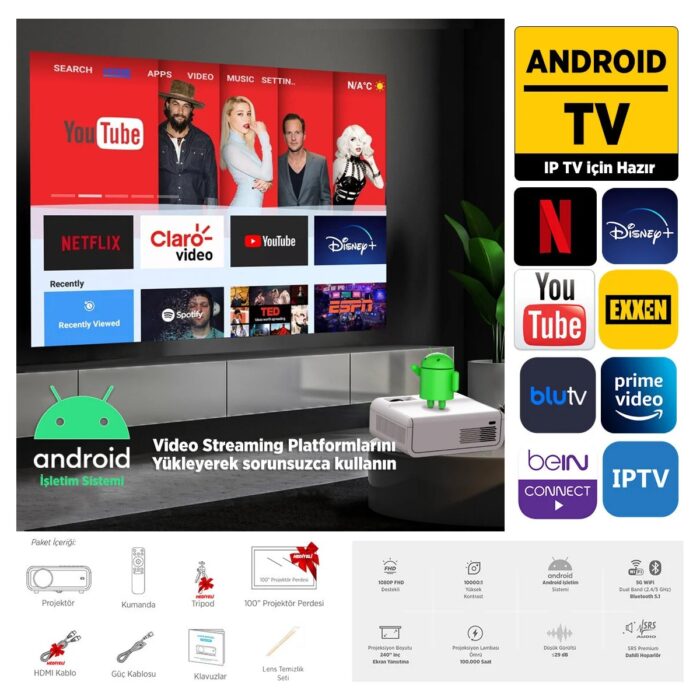 Vankyo Sunspark 500W Android TV 1080P Destekli Projeksiyon Cihazı 5G Wi-Fi + 5.1 Bluetooth - LCD LED - 240 Inç Yansıtma-Dahili Hoparlör-PS5/XBOX/HDMI/USB/VGA/AV - Görsel 3