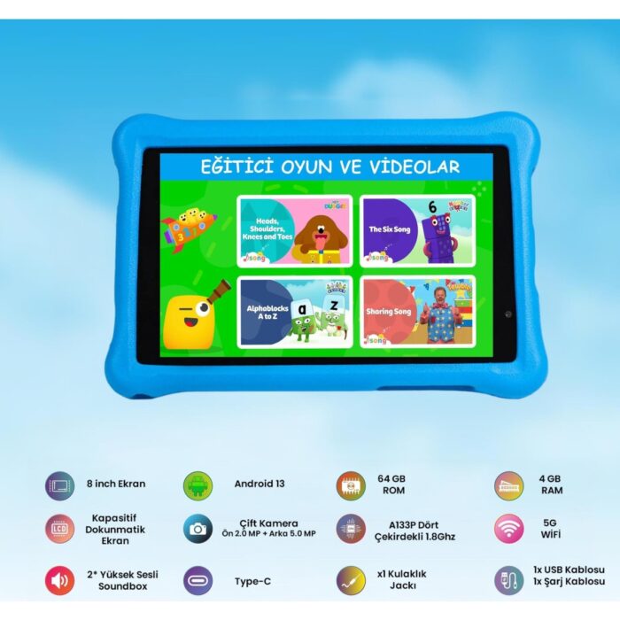 Npo 8" IPS Ekran 4gb 64GB Android 13.0 A133P 1.8ghz Antişok Çocuk Tableti Kids Tablet Mavi RS407+ - Görsel 2