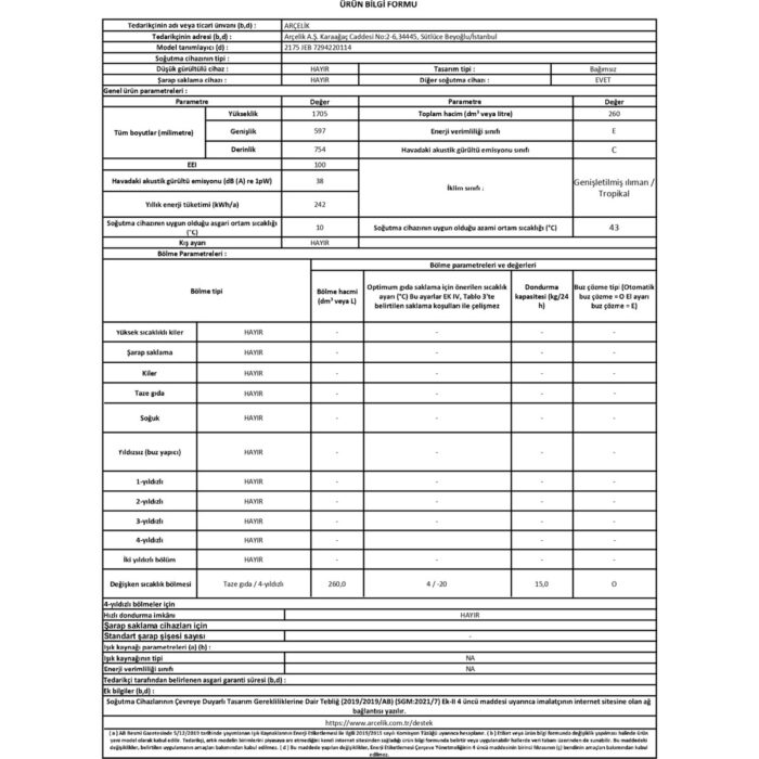Arçelik 2175 Jeb E Enerji Sınıfı 240 lt No Frost Derin Dondurucu - Görsel 5