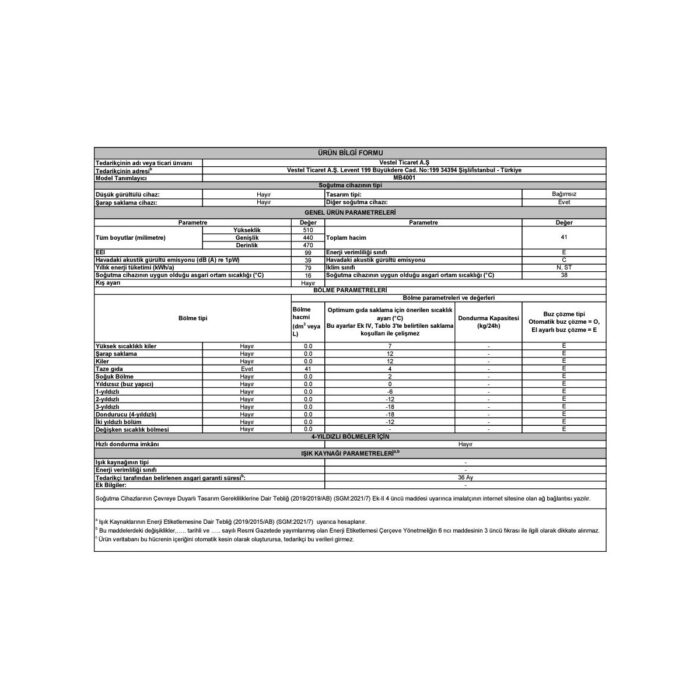 Vestel MB4001 E Enerji Sınıfı 41 Ly Minibar Mini Buzdolabı - Görsel 5