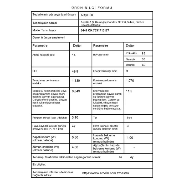 Arçelik 6444 Ok  D Enerji Sınıfı 4 Programlı Bulaşık Makinesi - Görsel 4