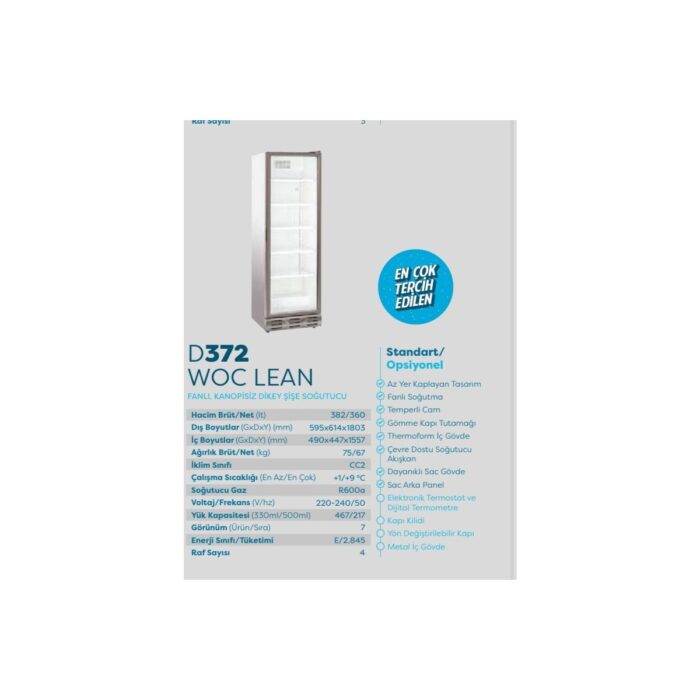 Şenocak D372 Woc Lean 372Lt
Kanopisiz  Dikey Meşrubat Şişe Soğutucu Buz Dolabı - Görsel 3