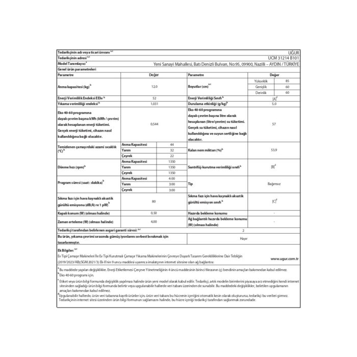 Uğur Ucm 31214 B101 A Enerji Sınıfı 12 kg 1350 Devir Çamaşır Makinesi - Görsel 5