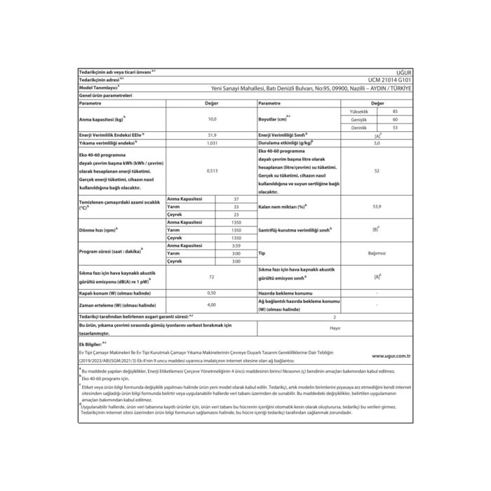 Uğur Ucm 21014 G101 A Enerji Sınıfı 10 kg 1350 Devir Çamaşır Makinesi - Görsel 5