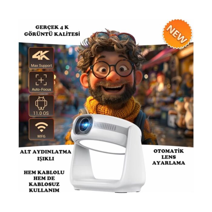Yeelock Taşınabilir Sinema Projektörü 4K Şarjlı Bluetooth Android Akıllı Hoparlörlü Işıklı Gerçek 4K - Görsel 3