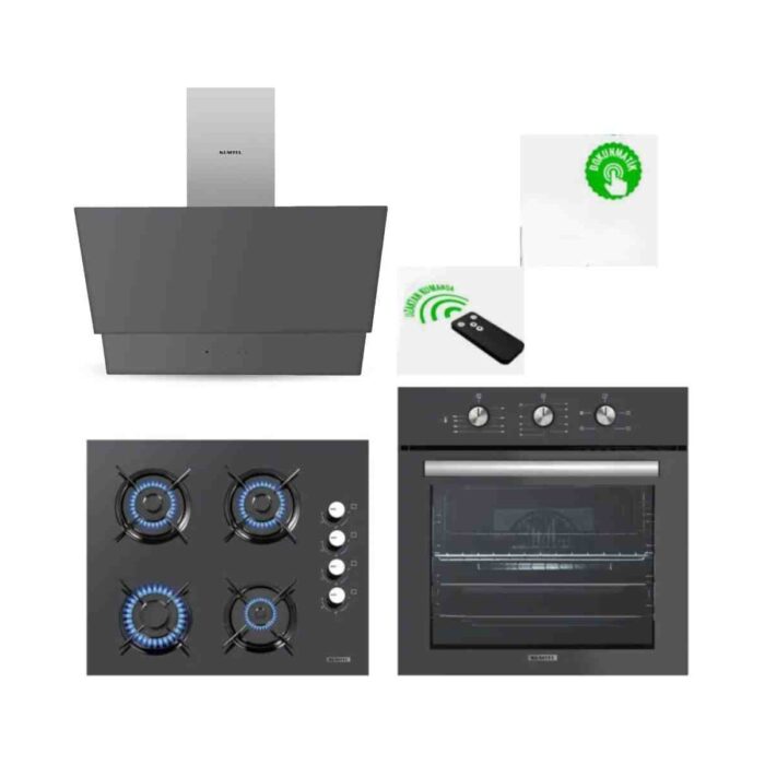 110000769051629.jpg Kumtel 3'lü Ankastre Set Antrasit (Kumandalı 835 Davlumbaz + Ko-40 Ankastre Ocak + BS66 Ankastre Fırın) - Görsel 1