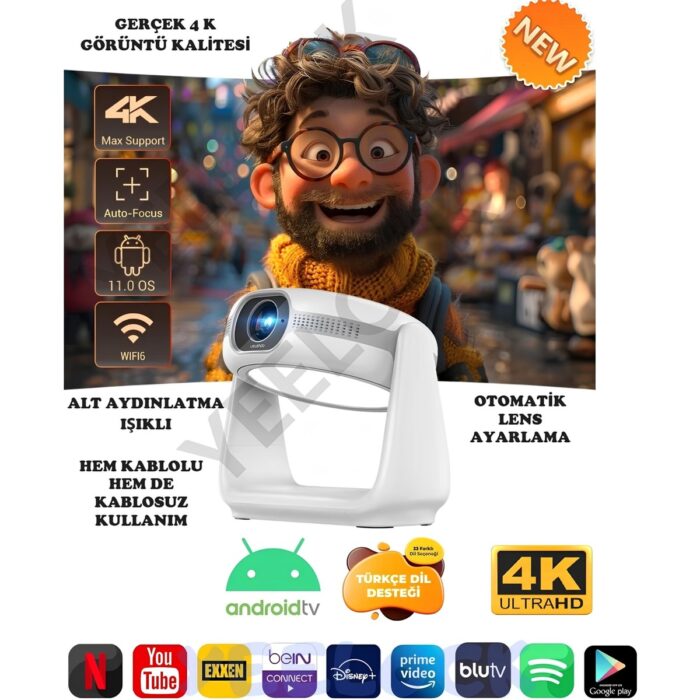 110000775354994.jpg Yeelock Taşınabilir Sinema Projektörü 4K Şarjlı Bluetooth Android Akıllı Hoparlörlü Işıklı Gerçek 4K - Görsel 1