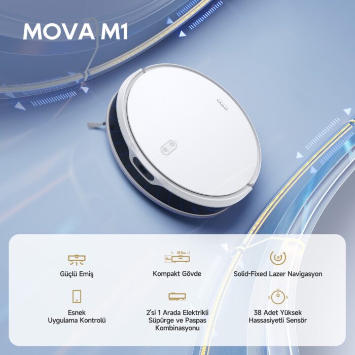 Mova M1 Robot Süpürge ve Paspas, 4,500PA Güçlü Emiş, Kompakt Gövde, Sabit Lazer Navigasyonu (Sof Lidar) - Görsel 3