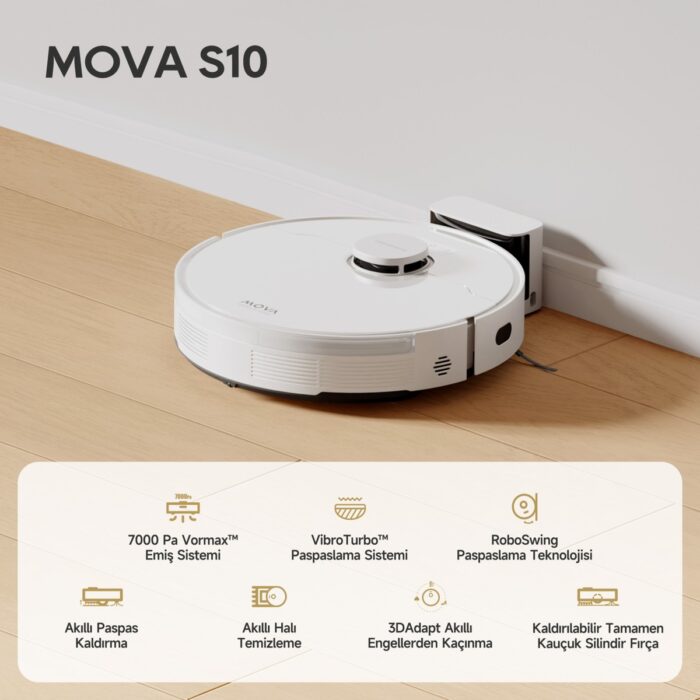 Mova S10 Robot Süpürge ve Paspas, 7,000PA Vormax™ Emiş, Vibroturbo™ Paspaslama Sistemi, Akıllı Halı Temizleme, Yükseltilebilir Tam Kauçuk Silindirik Fırça - Görsel 3