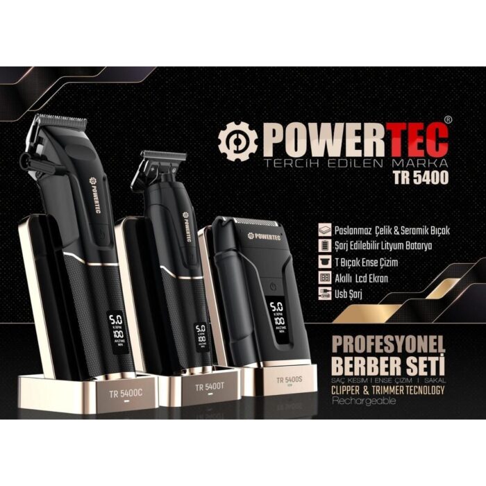 Powertec TR-5400 Saç Sakal & Günlük Tıraş & Ense Çizim Profesyonel Berber Tıraş Makinesi 3'lü set - Görsel 2