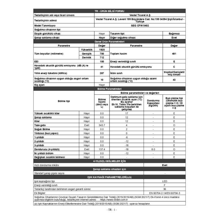 Seg Cfw 5402 E Enerji Sınıfı 481 lt No Frost Buzdolabı - Görsel 4
