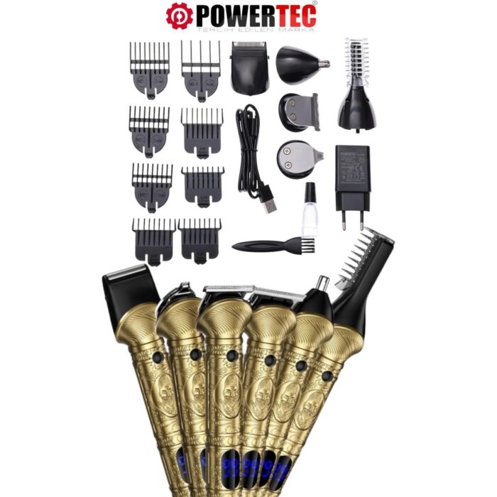 Powertec TR-1000 Profesyonel Tıraş Makinesi (6in1) 6 Farklı Başlıklı 8 Adet Taraklı Erkek Bakım Kiti Saç Sakal Vücut Kulak Burun Kıl Tüy Alma Makinesi - Görsel 1