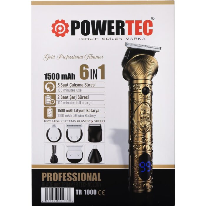 Powertec TR-1000 Profesyonel Tıraş Makinesi (6in1) 6 Farklı Başlıklı 8 Adet Taraklı Erkek Bakım Kiti Saç Sakal Vücut Kulak Burun Kıl Tüy Alma Makinesi - Görsel 5