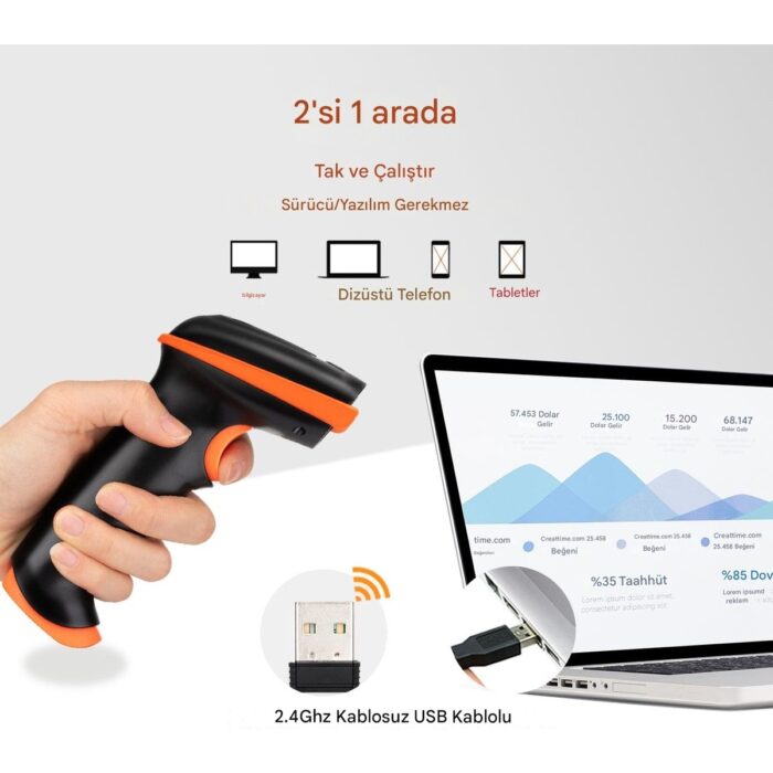 Tera 1d 2d Qr Barkod Tarayıcı Pil Seviyesi Göstergeli Darbeye Dayanıklı Kablosuz El Tipi Barkod Tarayıcı D5100 - Görsel 3