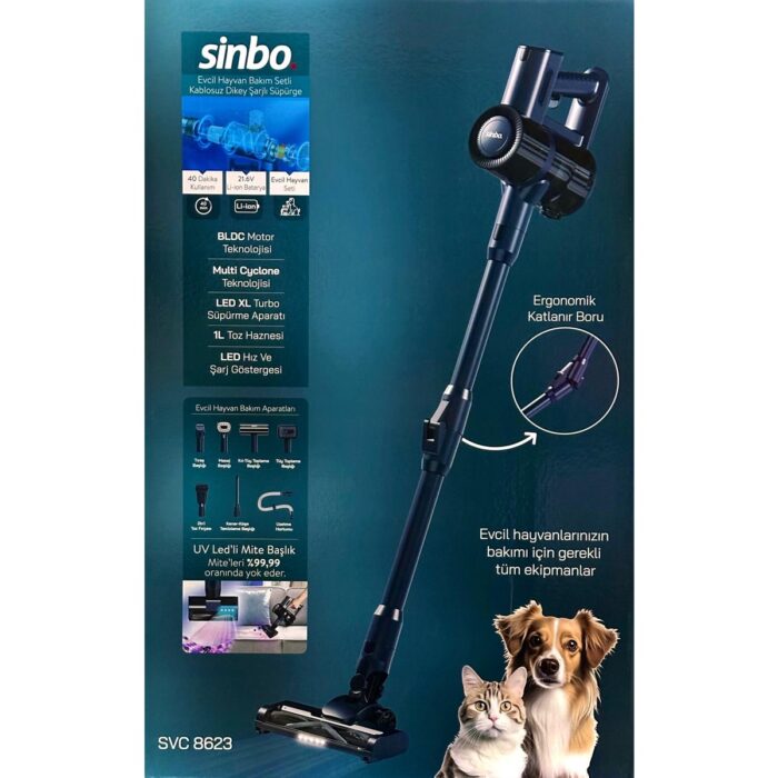 Sinbo SVC-8623 Evcil Hayvan Bakım Setli Kablosuz Dikey LED Aydınlatmalı Şarjlı Süpürge - Görsel 2