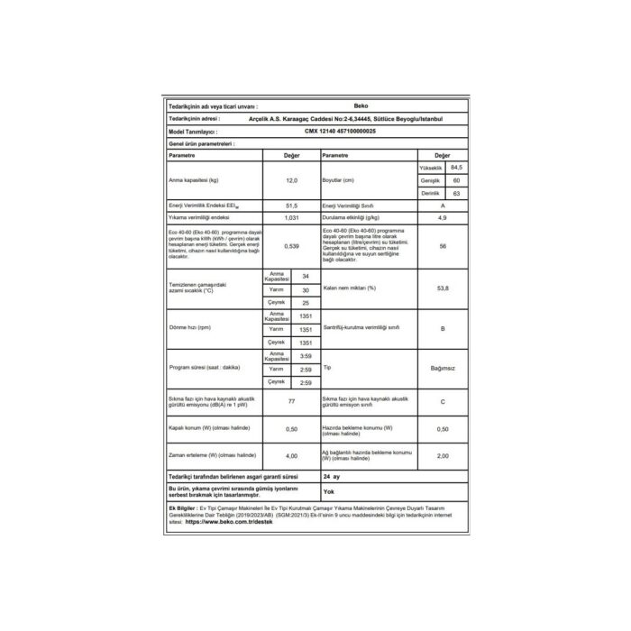 Beko Cmx 12140 A Enerji Sınıfı 12 kg 1400 Devir Çamaşır Makinası - Görsel 5