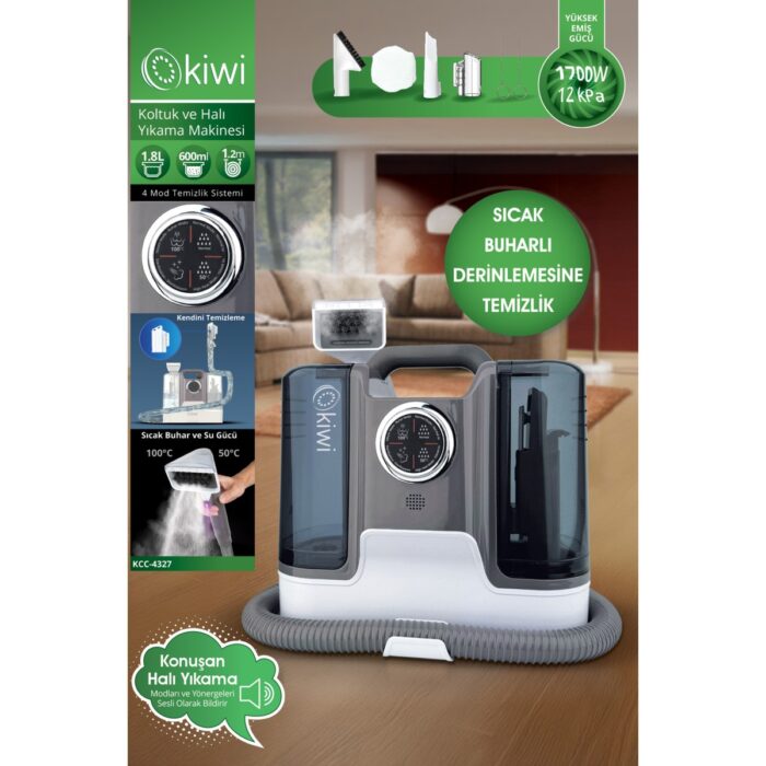 110000839644106.jpg Kiwi 1700W Koltuk ve Halı Yıkama Makinesi - Yüksek Emiş Gücü, Sıcak Buhar ile Derinlemesine Temizlik, Islak ve Kuru Kullanım, 1.8L Su Tankı - Görsel 1
