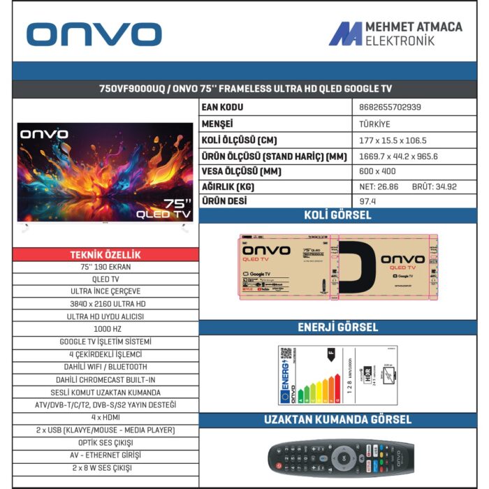 Onvo 75OVF9000UQ 75" 190 Ekran Uydu Alıcılı 4K Ultra HD Google Smart QLED TV - Görsel 4